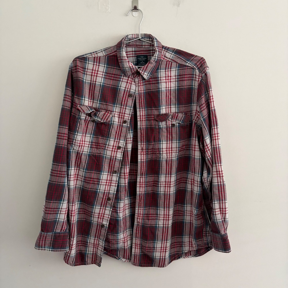 Faded Glory Mens Flannel Shirt Medium Red White Blue Plaid Long Sleeve Button Up